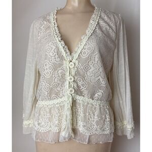 Pretty Angel Women's Sz L Sheer Button Up Cardigan cream lace detail